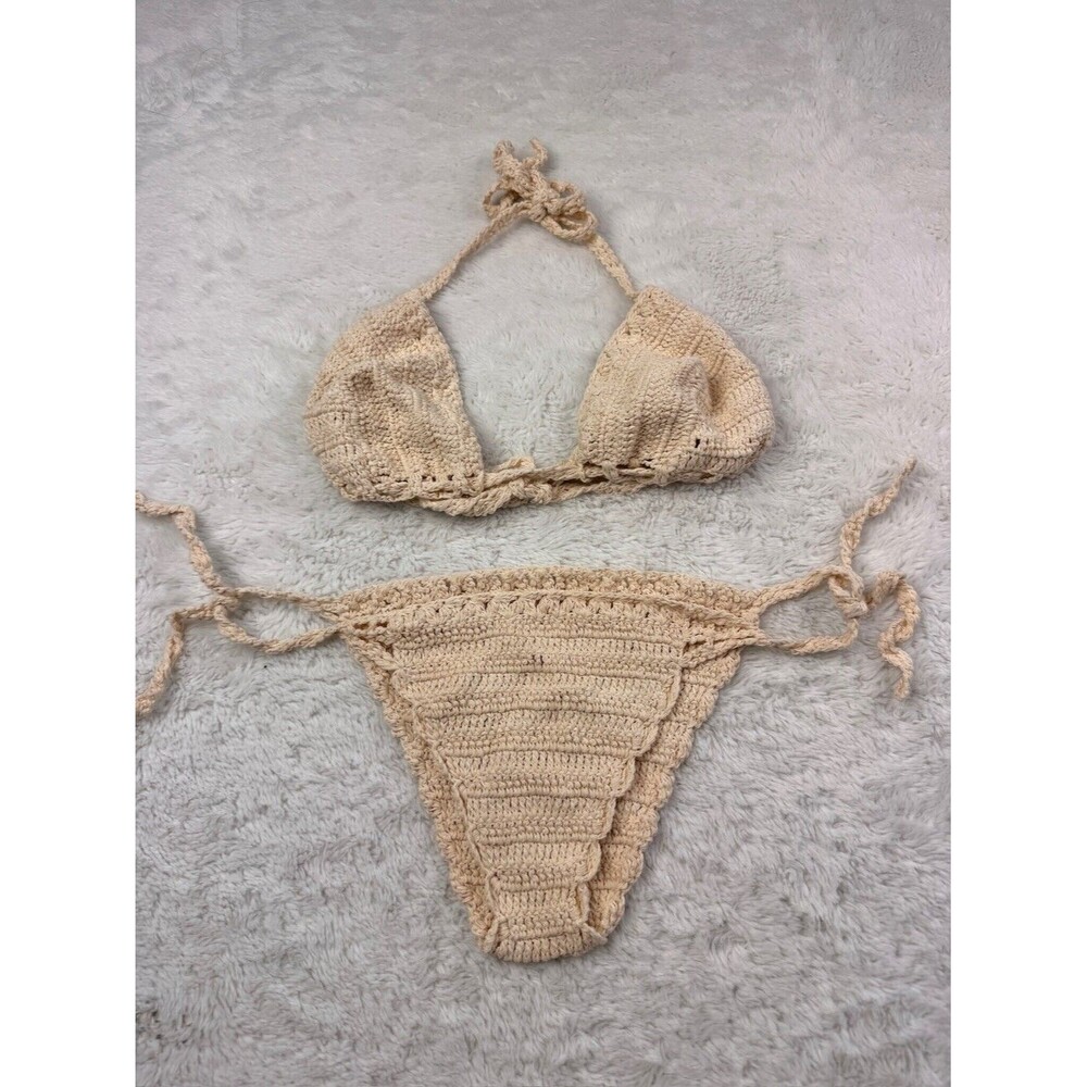 Cream Crochet Bikini Set Boho Handmade Triangle Halter String Tie Swimwear